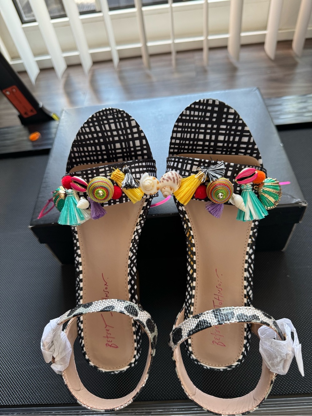Betsey Johnson Jillie Black & White Platform Sandals With Multicolor Tassels